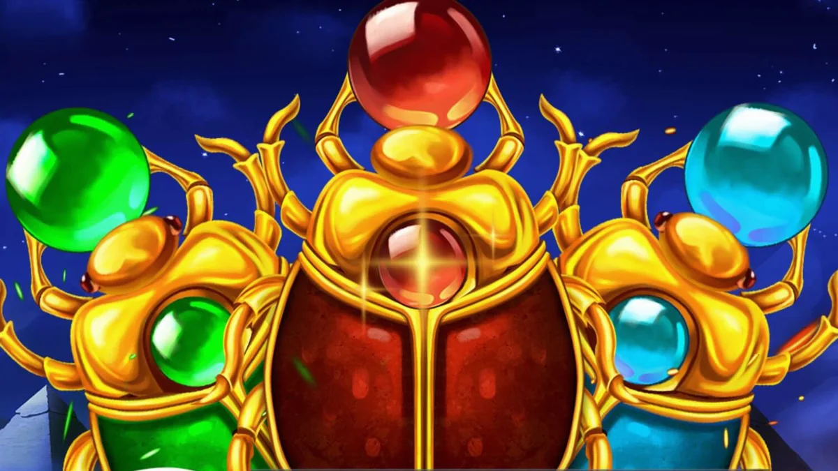 Tampilan visual slot 3 Scarabs of Fortune dengan latar belakang piramida Mesir dan simbol emas.