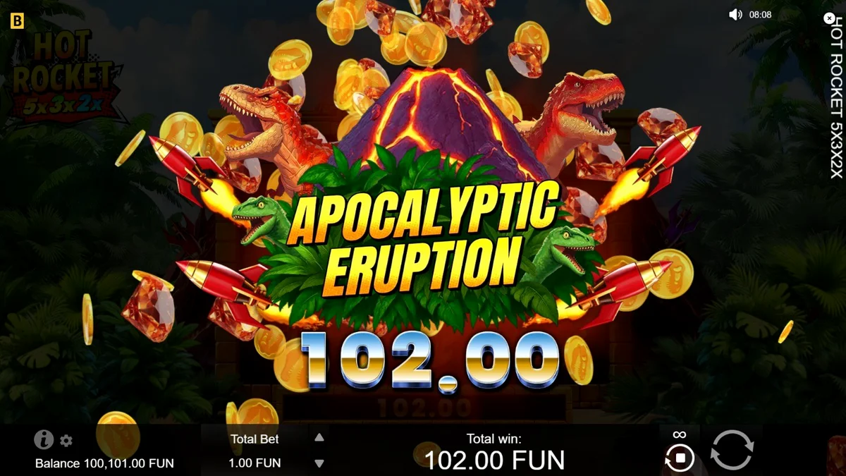 Tampilan visual slot Hot Rocket 5x 3x 2x dengan latar belakang gunung berapi