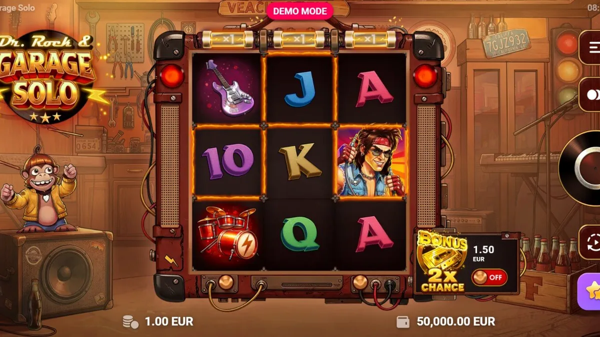 Tampilan layar permainan slot Dr. Rock & Garage Solo pada perangkat seluler