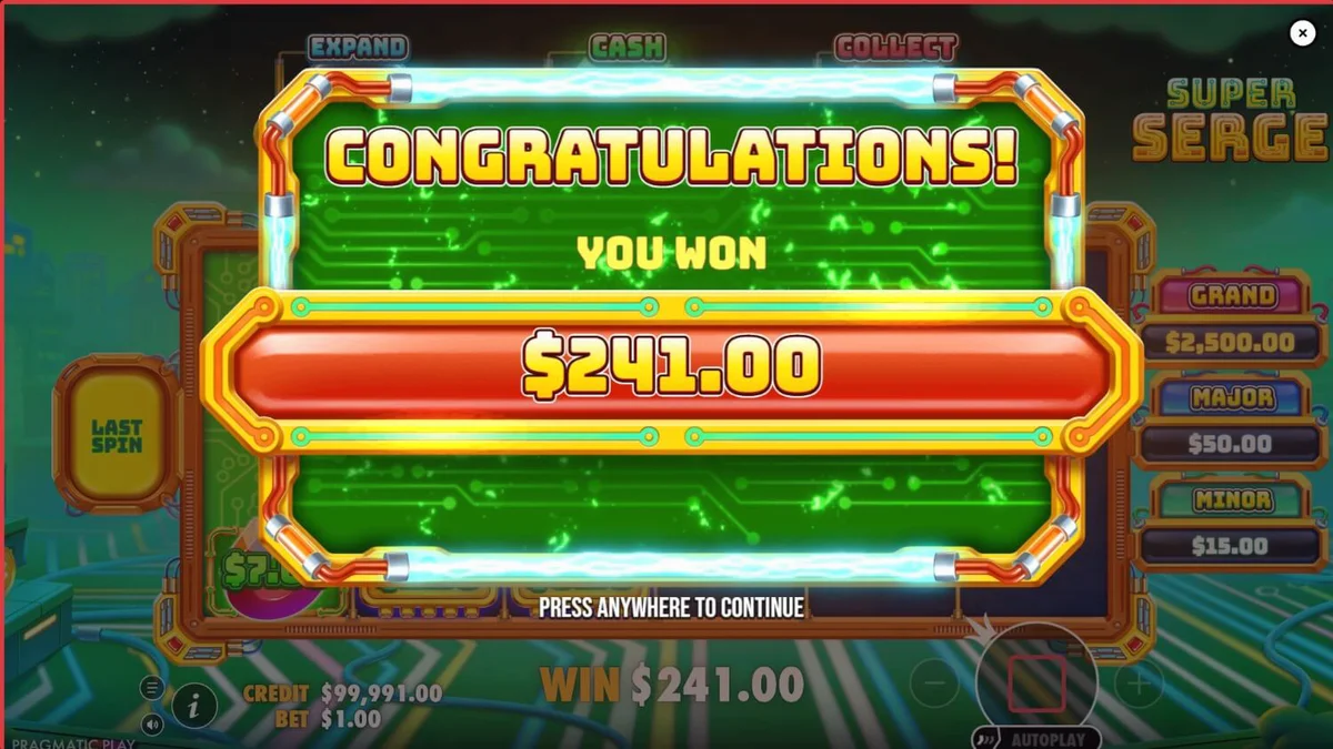 Tampilan layar permainan slot Super Serge dengan tema neon futuristik dan simbol alat listrik.